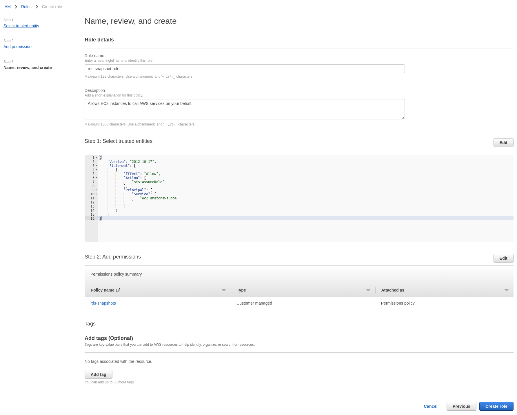 example IAM role screenshot